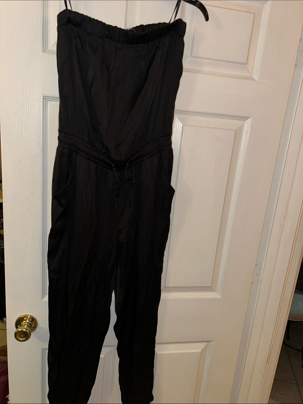 bebe Black Strapless Jumpsuit with Drawstring Waist